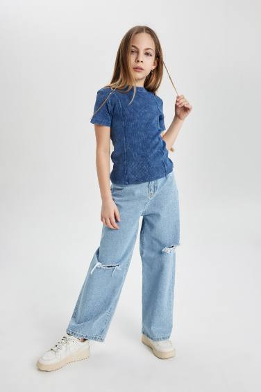 تيشيرت نص ردن بناتي مضلع سليم فيت