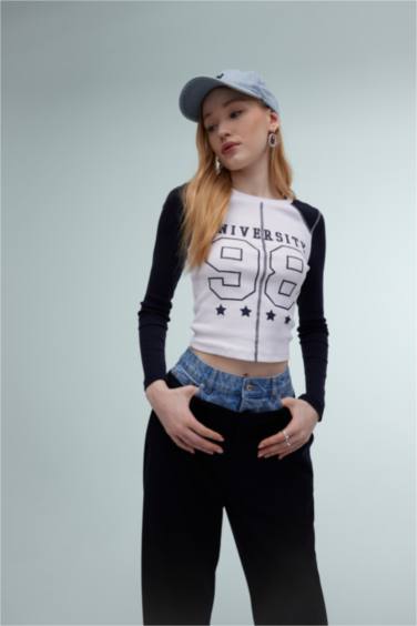 Fitted Bisiklet Yaka Baskılı Fitilli Kaşkorse Uzun Kollu Tişört