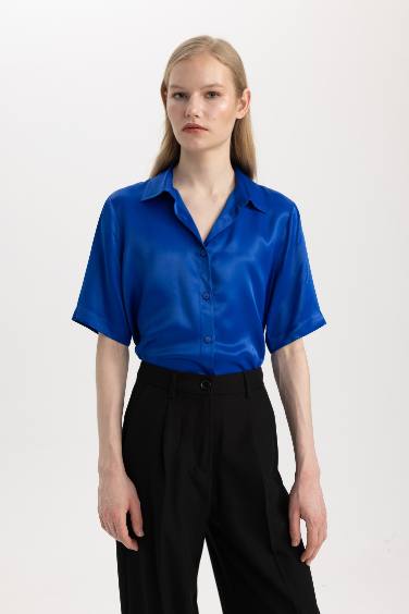 Regular Fit Shirt Collar Satin Short Sleeve Shirt