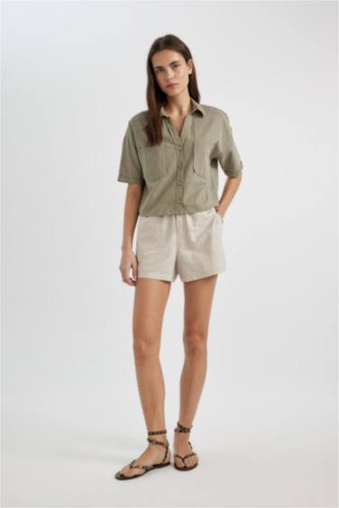 Short en Lin mélangé à Taille Haute Coupe Relax