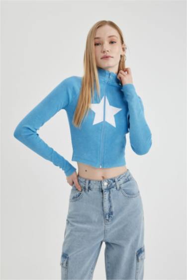 Fitted Zippered Printed Ribbed Camisole Cardigan