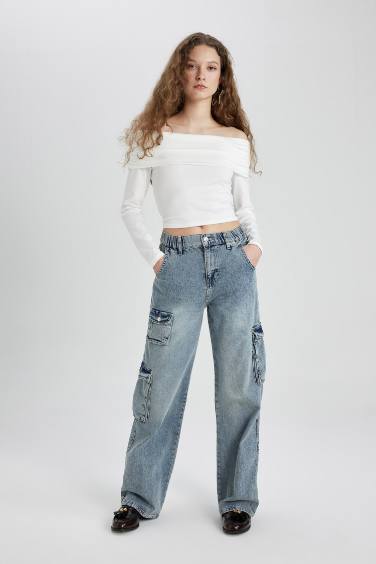 سروال جينز واسع برجل واسع وخصر عالي