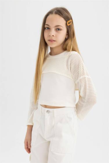 Girl Relax Fit Crew Neck Ribbed Long Sleeve T-Shirt