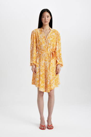 Loose Neck Patterned Moroccan Long Sleeve Midi Dress