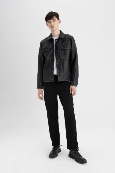 Slim Fit Ceket Mont Dar Kesim Polo Yaka Astarlı Çıtçıtlı Cepli Mevsimlik Suni Deri