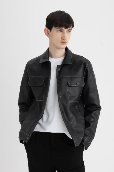 Slim Fit Ceket Mont Dar Kesim Polo Yaka Astarlı Çıtçıtlı Cepli Mevsimlik Suni Deri