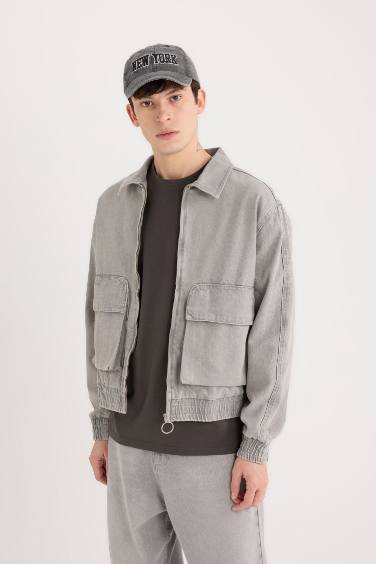 %100 Pamuk Relax Fit Fermuarlı Cepli Denim Ceket