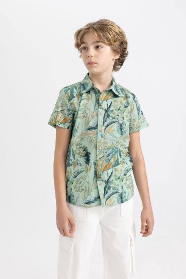 Boy Polo Neck Linen Look Patterned Short Sleeve Shirt