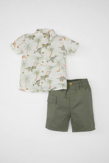 Baby Boy Dinosaur Printed Flared Poplin Shirt Shorts 2 Piece Set