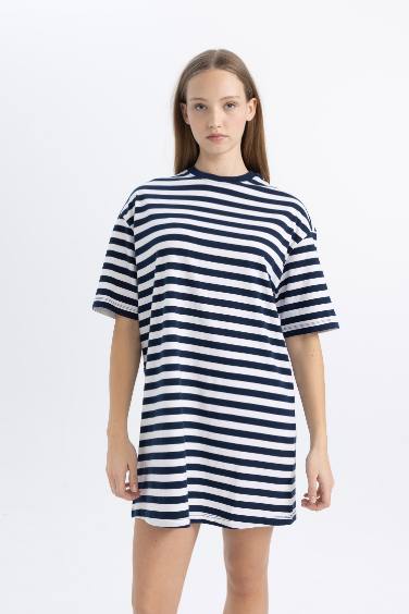 Oversize Fit Striped Cotton Mini T-Shirt Dress