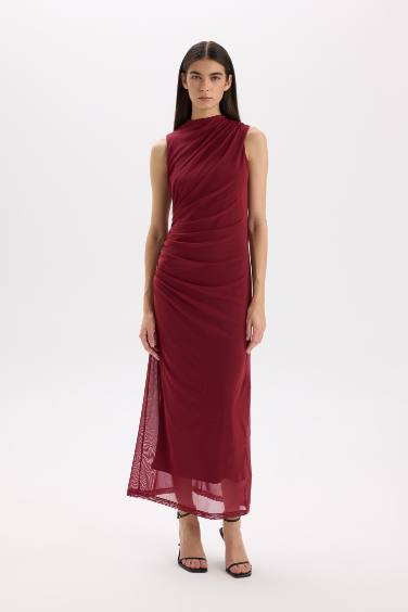 Half Turtleneck Tulle Sleeveless Maxi Dress
