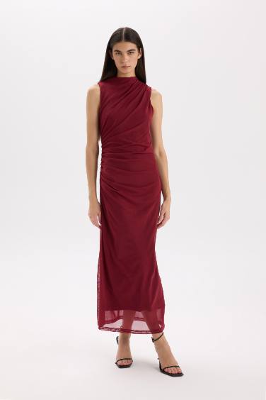 Half Turtleneck Tulle Sleeveless Maxi Dress