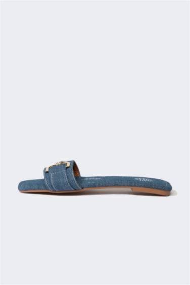 Woman Flat Sole Single Strap Faux Leather Slippers