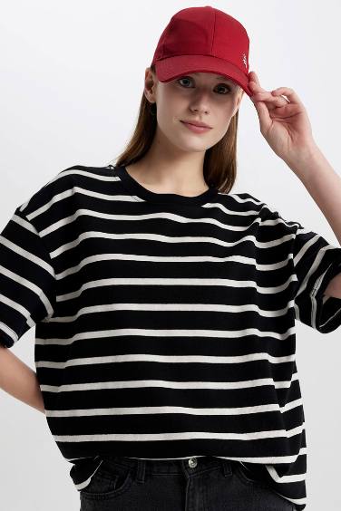 Oversize Fit Crew Neck Striped Cotton T-Shirt