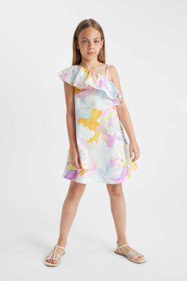 Girl One Shoulder Patterned Poplin Dress