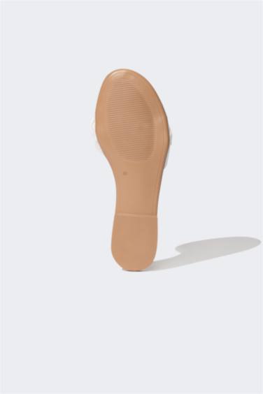 Woman Flat Sole Single Strap Faux Leather Slippers