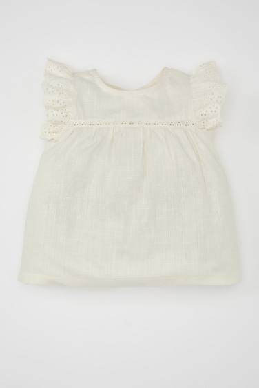 Baby Girl Crew Neck Linen Look Short Sleeve Blouse