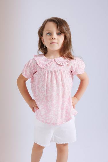 Baby Girl Big Collar Crinkle Viscose Patterned Blouse