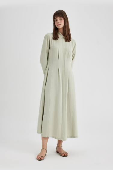 Robe Longue en Lin mélangé à Manches Longues Col Chemise