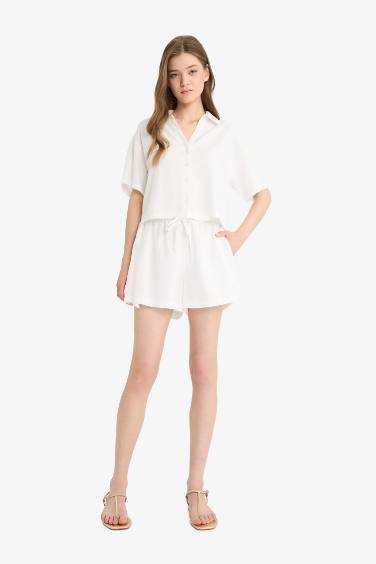 Oversize Fit Linen Blend Short Sleeve White Shirt