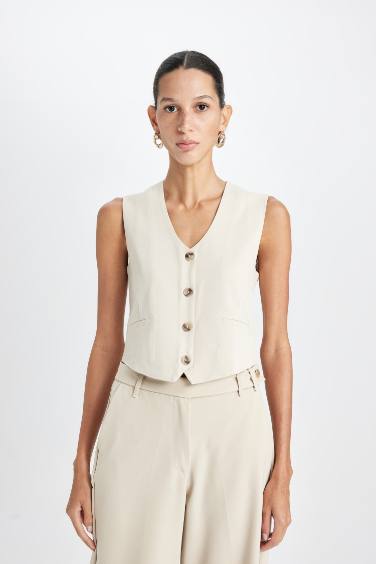 V-Neck Linen Blend Blazer Vest