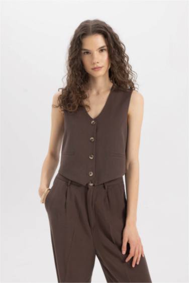 V-Neck Linen Blend Blazer Vest