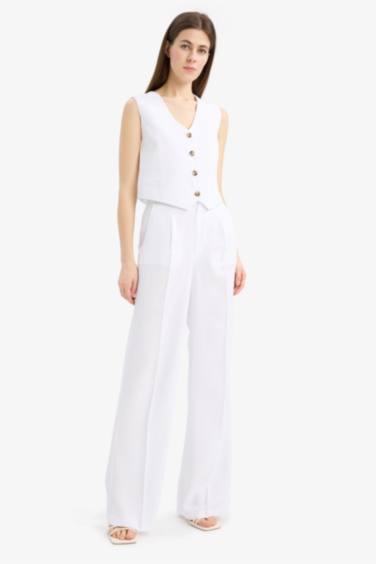 V Neck Linen Blend White Blazer Vest