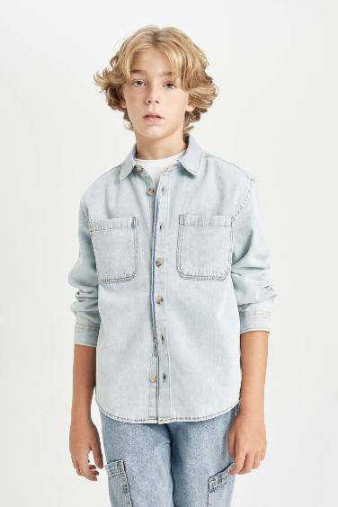 Erkek Çocuk Oversize Fit Geniş Kalıp Polo Yaka Cepli  Jean Uzun Kollu Gömlek