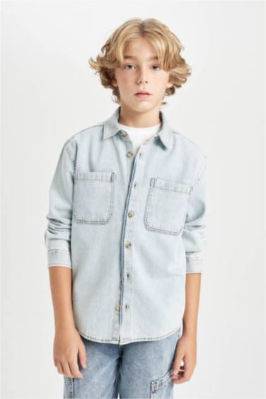 Boy Oversize Fit Polo Collar Denim Shirt