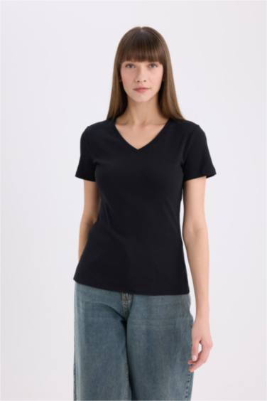 Slim Fit V Neck Basic Rib Short Sleeve T-Shirt