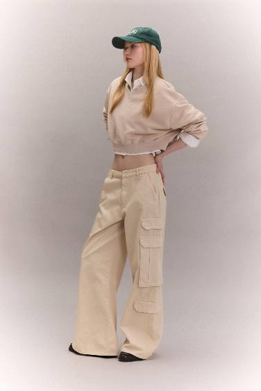 Coool Basic Düz Wide Leg Geniş Bol Paça Pantolon Gabardin Kumaş Kargo Cepli