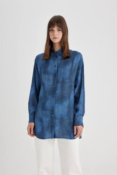 Relax Fit Shirt Collar Printed Long Sleeve Tunic