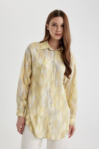 Relax Fit Shirt Collar Printed Long Sleeve Tunic