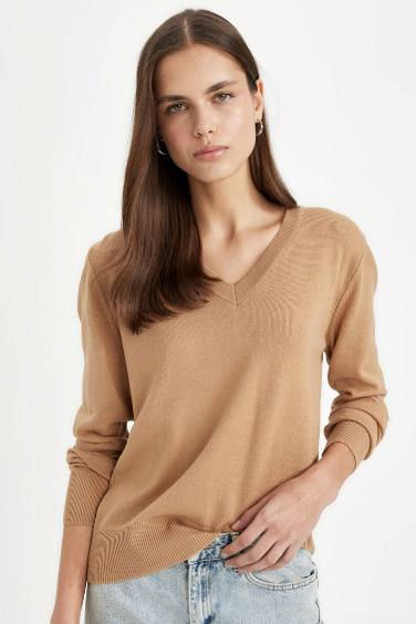 Relax Fit Soft Texture V Neck Basic Knitted Pullover