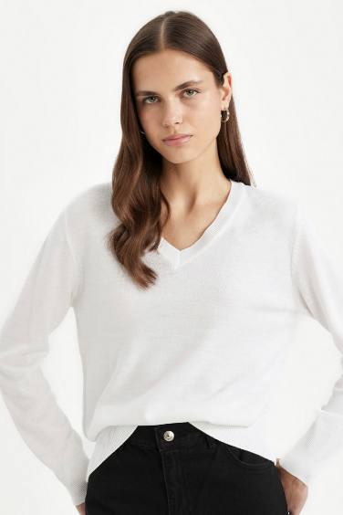 Relax Fit Soft Texture V Neck Basic Knitted Pullover