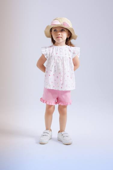 Blouse à Col rond imprimé Fleur à Manches Courtes pour BéBé Fille - 2 pièces