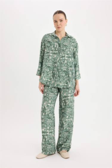 Wide Leg Rahat Pantolon Geniş Bol Paça Desenli Yüksek Bel