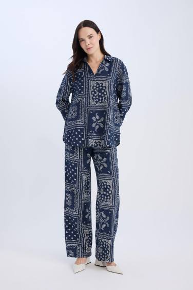 بنطلون وايد ليج برجل واسع وخصر عالي كحلي