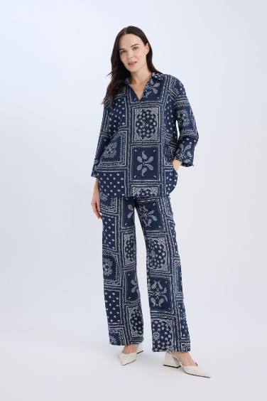 بنطلون وايد ليج برجل واسع وخصر عالي كحلي