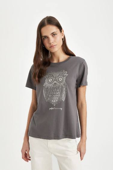 Regular Fit Crew Neck Owl Patterned Cotton Short Sleeve T-Shirt