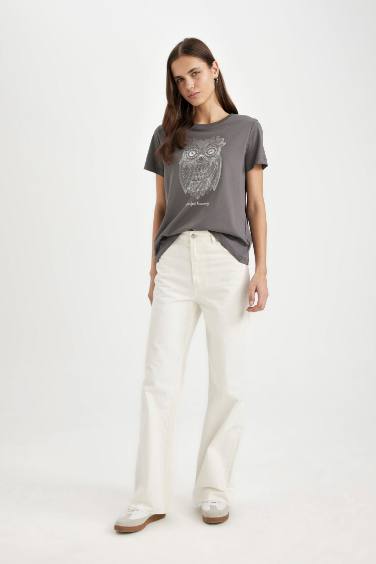 Regular Fit Crew Neck Owl Patterned Cotton Short Sleeve T-Shirt