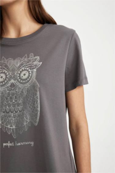 Regular Fit Crew Neck Owl Patterned Cotton Short Sleeve T-Shirt
