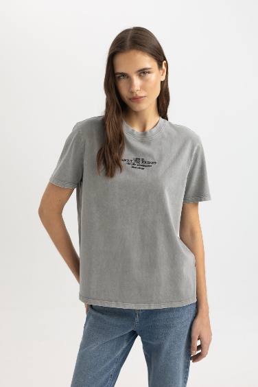 Regular Fit Crew Neck Printed Washed Faded Effect T-Shirt