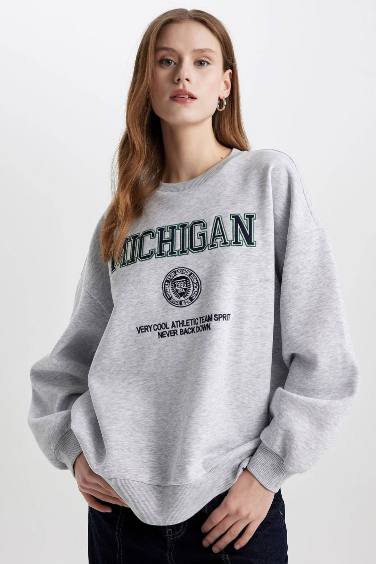 Oversize Geniş Kalıp Bisiklet Yaka Baskılı Kalın Kumaş Sweatshirt