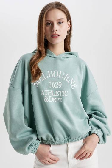 Relax Fit Kapüşonlu Baskılı Etek Ucu Lastikli Kalın Kumaş Sweatshirt