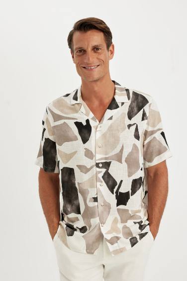 Relax Fit Polo Collar Patterned Short Sleeve Shirt