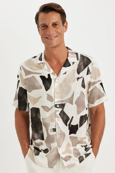 Relax Fit Polo Collar Patterned Short Sleeve Shirt