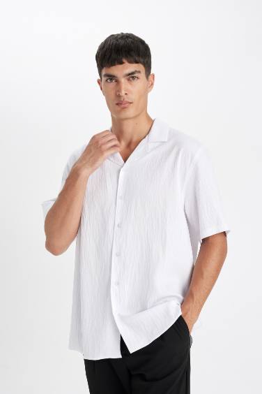 White Relax Fit Casual Cut Polo Collar Crinkle Shirt