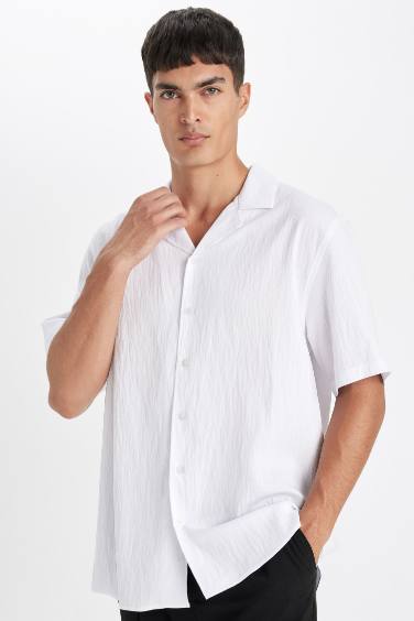 White Relax Fit Casual Cut Polo Collar Crinkle Shirt