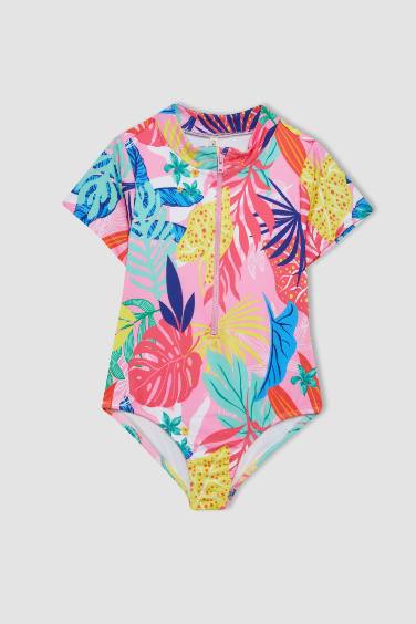 Girl Patterned Short Sleeve Swimsuit